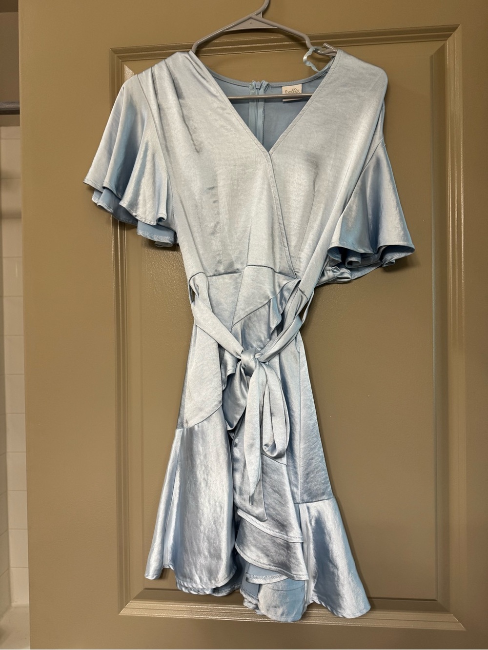 Light Blue Satin Wrap Dress with Ruffle Sleeves